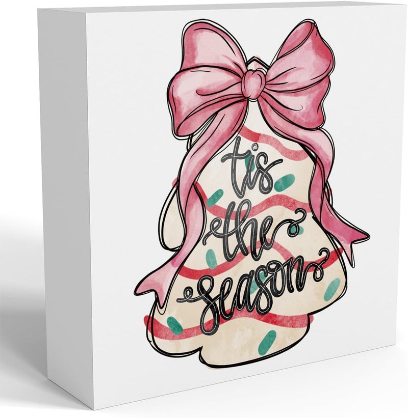 FXEFXE Pink Christmas Decor, Christmas Decorations Indoor, Coquette Bow Xmas Tree Cakes Sign Gift for Women Friends, Rustic Farmhouse Wooden Box Sign for Home Office Bedroom Desk Decor 5x5 Inches - Image 1